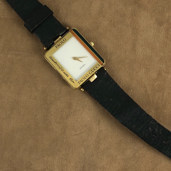 SOLD. Vintage Paolo Gucci Gold Tone Watch Navy Strap - Picture 8 of 8